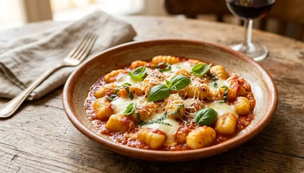Gnocchi fatti in casa perfetti per la domenica Piatto di gnocchi fatti in casa con sugo di pomodoro, mozzarella filante e basilico fresco su un tavolo in legno