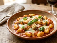 Piatto di gnocchi fatti in casa con sugo di pomodoro, mozzarella filante e basilico fresco su un tavolo in legno