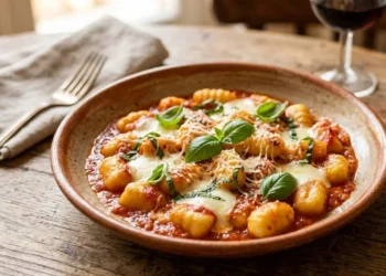 Piatto di gnocchi fatti in casa con sugo di pomodoro, mozzarella filante e basilico fresco su un tavolo in legno