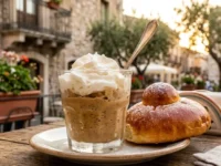 Granita siciliana artigianale al caffè con panna in bicchiere di vetro accanto a una brioche col tuppo su un tavolino all'aperto in Sicilia.