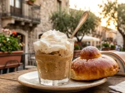 La vera granita siciliana al caffè con brioche Granita siciliana artigianale al caffè con panna in bicchiere di vetro accanto a una brioche col tuppo su un tavolino all'aperto in Sicilia.