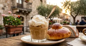 Granita siciliana artigianale al caffè con panna in bicchiere di vetro accanto a una brioche col tuppo su un tavolino all'aperto in Sicilia.