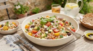 Insalata di farro e orzo pronta da servire Insalata di farro e orzo fredda in una ciotola di ceramica su una tavola estiva all'aperto