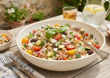 Insalata di farro e orzo pronta da servire Insalata di farro e orzo fredda in una ciotola di ceramica su una tavola estiva all'aperto