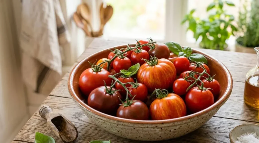 Pomodori interi freschi in insalatiera Insalatiera in ceramica con pomodori interi di varie qualità e foglie di basilico fresco su un tavolo in legno rustico.