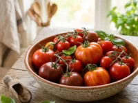 Insalatiera in ceramica con pomodori interi di varie qualità e foglie di basilico fresco su un tavolo in legno rustico.