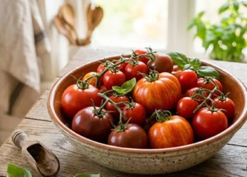 Pomodori interi freschi in insalatiera Insalatiera in ceramica con pomodori interi di varie qualità e foglie di basilico fresco su un tavolo in legno rustico.