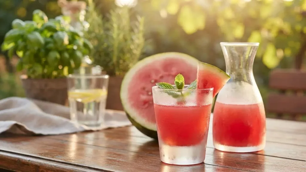 Bicchiere di liquore all'anguria fresco con menta e caraffa di vetro su un tavolo di legno all'aperto
