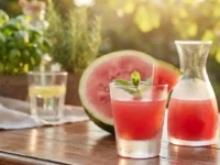 Bicchiere di liquore all'anguria fresco con menta e caraffa di vetro su un tavolo di legno all'aperto