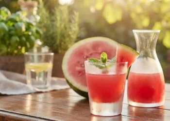 Bicchiere di liquore all'anguria fresco con menta e caraffa di vetro su un tavolo di legno all'aperto
