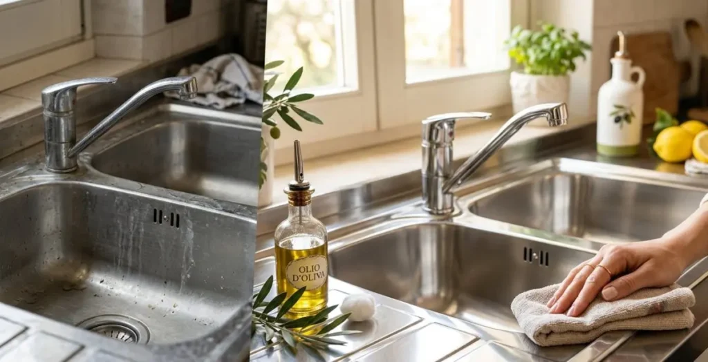 Confronto prima e dopo della pulizia di un lavello in acciaio inox con olio d'oliva e rimedi naturali.
