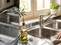 Confronto prima e dopo della pulizia di un lavello in acciaio inox con olio d'oliva e rimedi naturali.