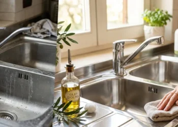 Confronto prima e dopo della pulizia di un lavello in acciaio inox con olio d'oliva e rimedi naturali.