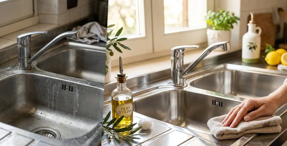 Confronto prima e dopo della pulizia di un lavello in acciaio inox con olio d'oliva e rimedi naturali.
