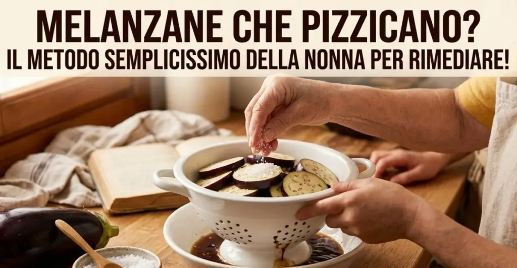 Come togliere il pizzicore dalle melanzane: il segreto della nonna Mani di una nonna che sparge sale grosso su fette di melanzane in un colino bianco per eliminare il retrogusto piccante e amaro.