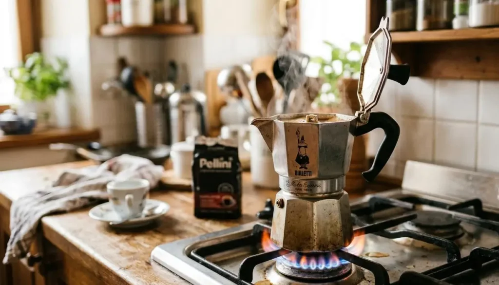 Una moka Bialetti sul fuoco acceso della cucina mentre esce il caffè caldo fumante