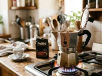 Una moka Bialetti sul fuoco acceso della cucina mentre esce il caffè caldo fumante