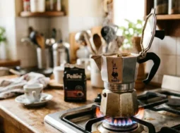 Una moka Bialetti sul fuoco acceso della cucina mentre esce il caffè caldo fumante