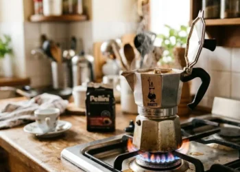 Moka sul fuoco per il caffè del mattino Una moka Bialetti sul fuoco acceso della cucina mentre esce il caffè caldo fumante