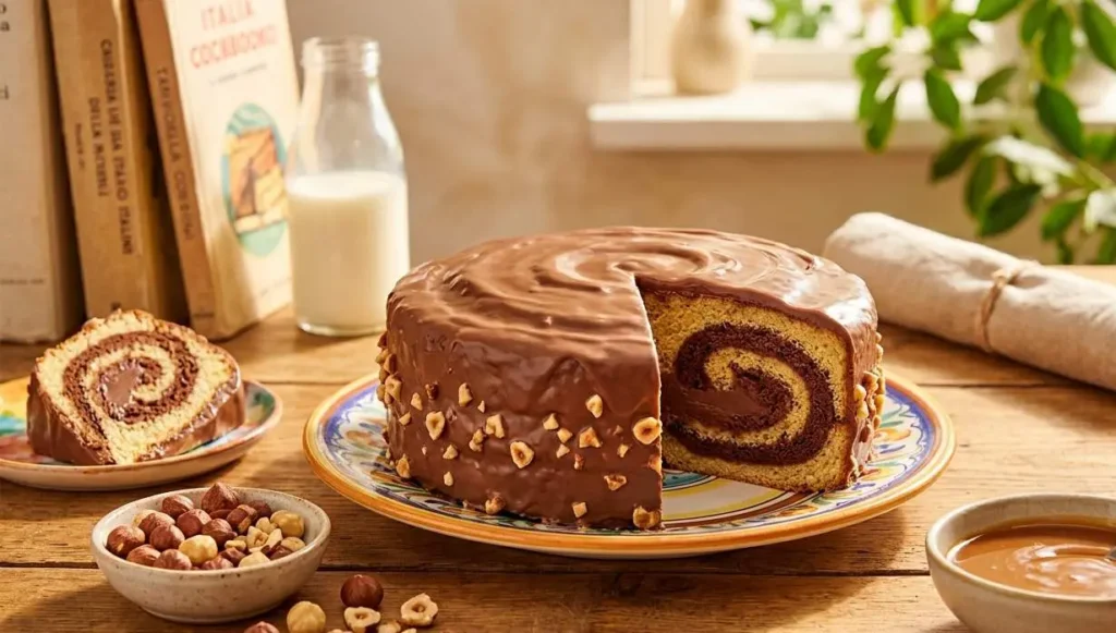 Torta Girella Motta gigante con cioccolato, granella di nocciole e crema al caramello su un tavolo in legno.