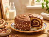 Torta Girella Motta gigante con cioccolato, granella di nocciole e crema al caramello su un tavolo in legno.