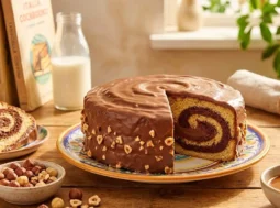 Torta Girella Motta gigante con cioccolato, granella di nocciole e crema al caramello su un tavolo in legno.