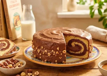 Evoluzione della Girella Motta Torta Girella Motta gigante con cioccolato, granella di nocciole e crema al caramello su un tavolo in legno.