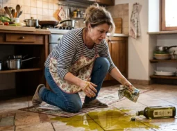 Come pulire l'olio sul pavimento Una persona in cucina guarda preoccupata una macchia di olio d'oliva rovesciato sul pavimento di piastrelle da una bottiglia caduta.
