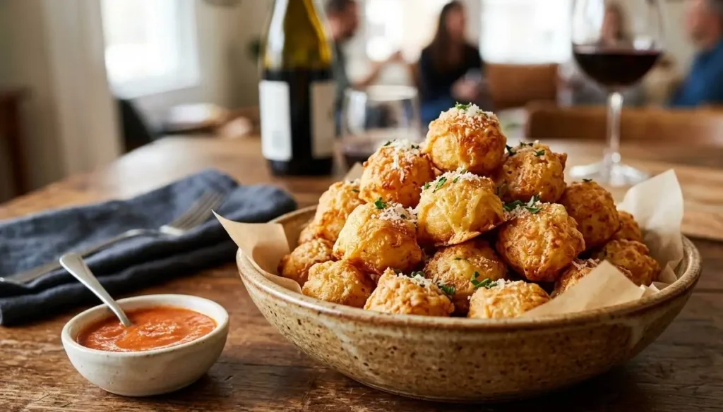 Palline di parmigiano: antipasto sfizioso e veloce Ciotola in ceramica con palline di parmigiano fritte e dorate su un tavolo in legno, con salsa d'accompagnamento e calici di vino sfocati sullo sfondo.