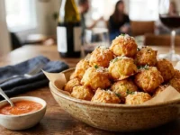 Ciotola in ceramica con palline di parmigiano fritte e dorate su un tavolo in legno, con salsa d'accompagnamento e calici di vino sfocati sullo sfondo.