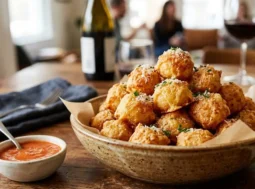 Ciotola in ceramica con palline di parmigiano fritte e dorate su un tavolo in legno, con salsa d'accompagnamento e calici di vino sfocati sullo sfondo.