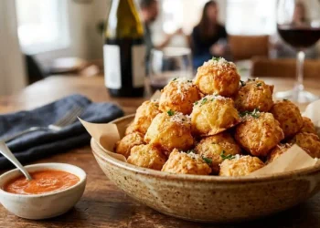 Palline di parmigiano: antipasto sfizioso e veloce Ciotola in ceramica con palline di parmigiano fritte e dorate su un tavolo in legno, con salsa d'accompagnamento e calici di vino sfocati sullo sfondo.