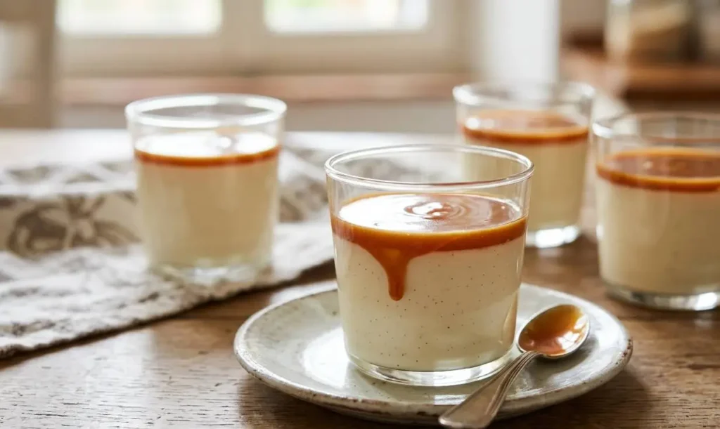 Bicchieri di panna cotta cremosa con salsa al caramello fatta in casa, dolce al cucchiaio fresco.