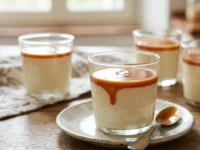 Bicchieri di panna cotta cremosa con salsa al caramello fatta in casa, dolce al cucchiaio fresco.