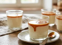 Bicchieri di panna cotta cremosa con salsa al caramello fatta in casa, dolce al cucchiaio fresco.