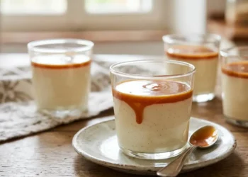 Bicchieri di panna cotta cremosa con salsa al caramello fatta in casa, dolce al cucchiaio fresco.