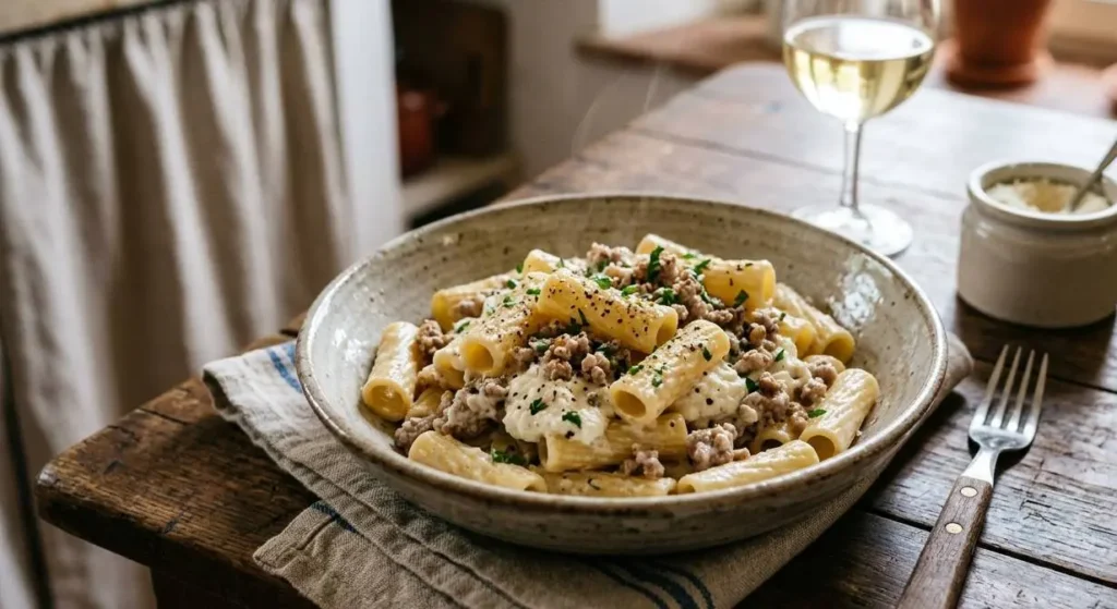 Pasta veloce con ricotta e macinato Un piatto di pasta corta rigata condita con crema di ricotta, carne macinata bianca e pepe nero, servito su un tavolo in legno rustico.