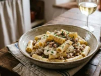 Un piatto di pasta corta rigata condita con crema di ricotta, carne macinata bianca e pepe nero, servito su un tavolo in legno rustico.