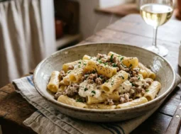 Pasta veloce con ricotta e macinato Un piatto di pasta corta rigata condita con crema di ricotta, carne macinata bianca e pepe nero, servito su un tavolo in legno rustico.