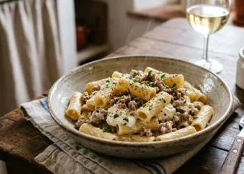 Pasta veloce con ricotta e macinato Un piatto di pasta corta rigata condita con crema di ricotta, carne macinata bianca e pepe nero, servito su un tavolo in legno rustico.