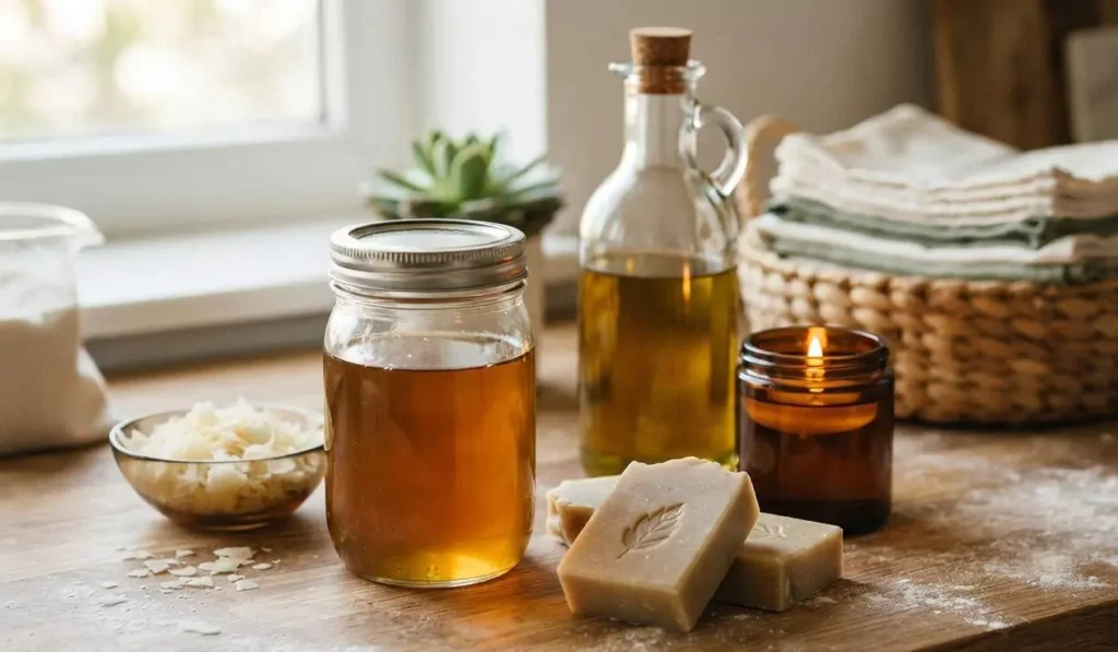 Idee creative per riutilizzare l'olio usato in casa Bottiglia di olio usato filtrato, saponette artigianali e una candela profumata su un tavolo in legno, idee per il riciclo creativo domestico.