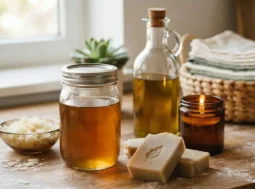 Bottiglia di olio usato filtrato, saponette artigianali e una candela profumata su un tavolo in legno, idee per il riciclo creativo domestico.