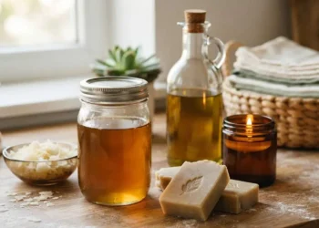 Idee creative per riutilizzare l'olio usato in casa Bottiglia di olio usato filtrato, saponette artigianali e una candela profumata su un tavolo in legno, idee per il riciclo creativo domestico.
