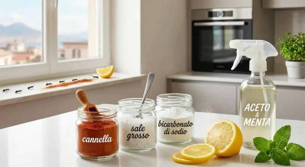 Infografica con rimedi naturali contro le formiche: barattoli di cannella, bicarbonato, sale e spray all'aceto su un piano cucina luminoso.