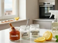 Infografica con rimedi naturali contro le formiche: barattoli di cannella, bicarbonato, sale e spray all'aceto su un piano cucina luminoso.