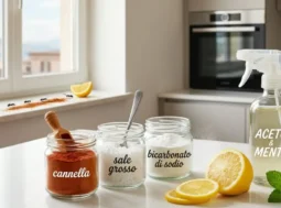 Infografica con rimedi naturali contro le formiche: barattoli di cannella, bicarbonato, sale e spray all'aceto su un piano cucina luminoso.