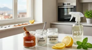 Infografica con rimedi naturali contro le formiche: barattoli di cannella, bicarbonato, sale e spray all'aceto su un piano cucina luminoso.