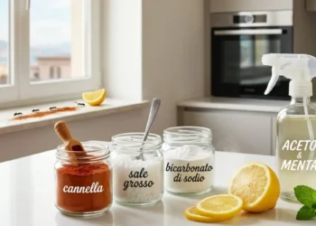 Infografica con rimedi naturali contro le formiche: barattoli di cannella, bicarbonato, sale e spray all'aceto su un piano cucina luminoso.