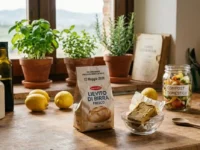 Composizione su tavolo rustico con panetto di lievito di birra fresco scaduto nel 2026, piante aromatiche in vaso, limoni e un barattolo per il compostaggio domestico.