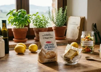 Lievito di birra scaduto: soluzioni ecologiche Composizione su tavolo rustico con panetto di lievito di birra fresco scaduto nel 2026, piante aromatiche in vaso, limoni e un barattolo per il compostaggio domestico.